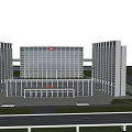 Modern High Rise Building Complex With Connected Towers Urban Road And Green Area Design