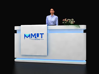 White Modern Reception Desk With MMUT Building Logo Blue Lighting And Flower Bouquet 3d model