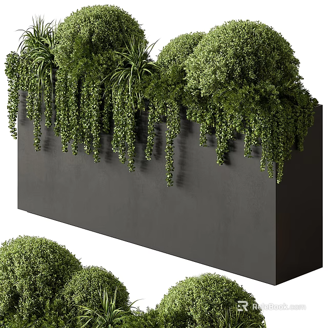 Decorative Green Living Wall With Hanging And Round Green Plants Against Gray Wall 3d model 