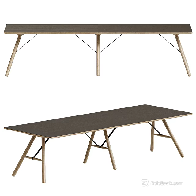 Modern Wooden Dining Table With Metal Cross Legs And Long Top Design 3d model 