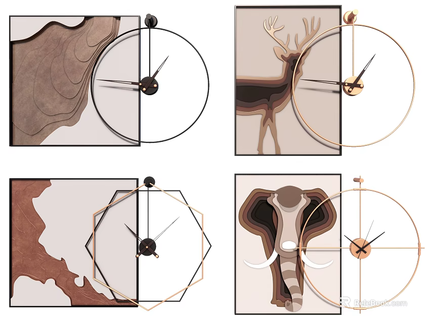 Decorative Wall Clocks Featuring Animal Patterns Geometric Shapes and Wood Textures 3d model 