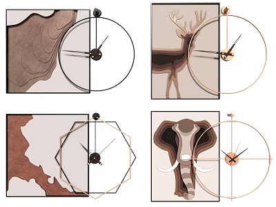 Decorative Wall Clocks Featuring Animal Patterns Geometric Shapes and Wood Textures 3d model