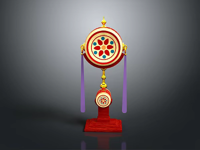 Traditional Decorative Household Item With Red Base Circular Colorful Patterns And Purple Tassels 3d model