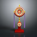 Traditional Decorative Household Item With Red Base Circular Colorful Patterns And Purple Tassels