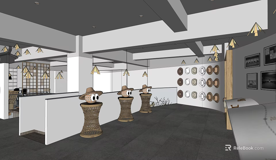 Interior Display Space With Woven Stands Straw Hat Decor And Circular Wall Art 3d model