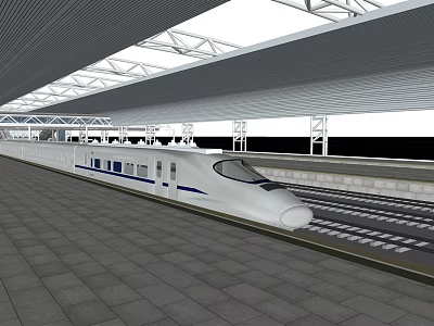 Modern High Speed Railway Station Platform With White Train And Metal Roof Structure 3d model