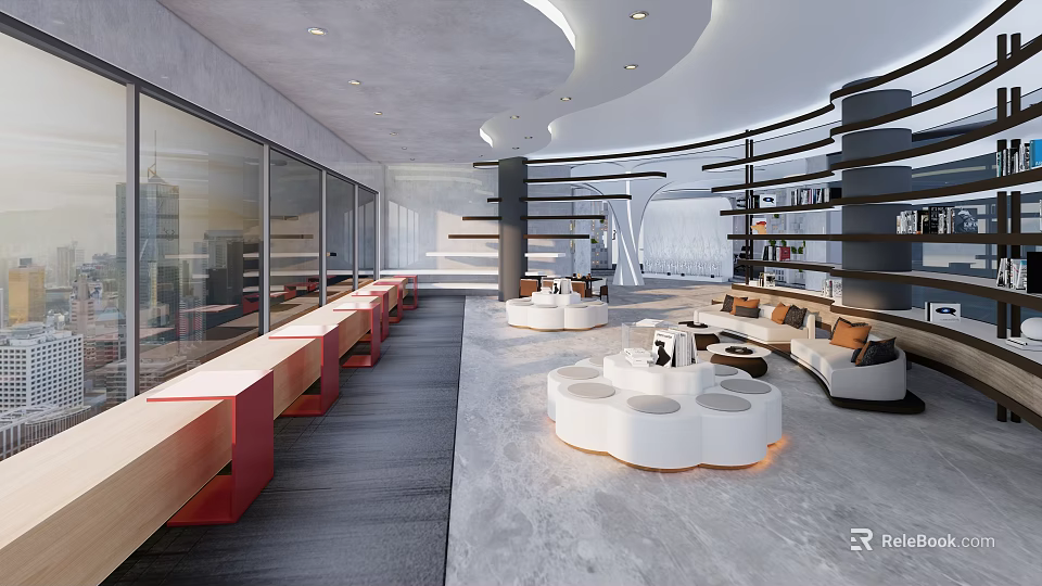 Modern Public Office Space With Open Layout Large Windows Round Tables Sofas And Bookshelves 3d model 