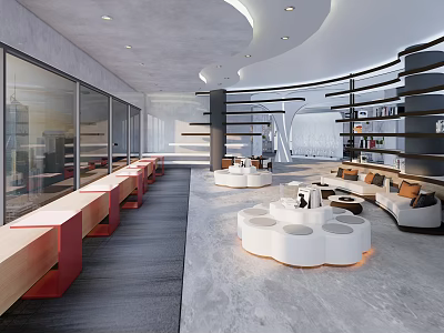 Modern Public Office Space With Open Layout Large Windows Round Tables Sofas And Bookshelves 3d model