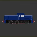 Blue Model Train Engine Featuring Yellow Black Stripes and Red Front on Reflective Surface 3d model