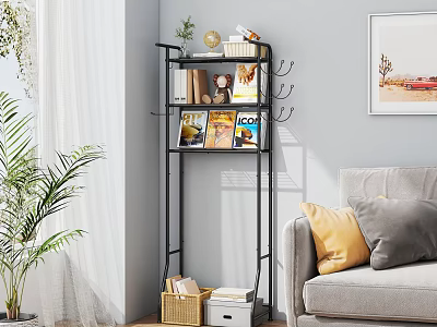 Modern Black Metal Storage Shelf With Magazines Books And Decorations In Living Room 3d model