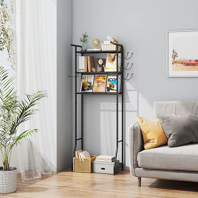 Modern Black Metal Storage Shelf With Magazines Books And Decorations In Living Room 3d model