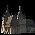 Historic Ancient Architecture With Twin Spire Towers Tiled Roof Stone Walls And Arched Windows
