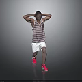 Man In Striped Tank Top White Shorts Red Sneakers Standing With Hands On Head