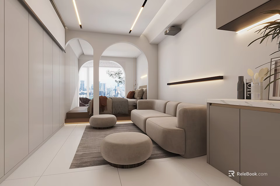 Modern Apartment Living Room With Light Sofa Round Ottomans And City View Window 3d model 