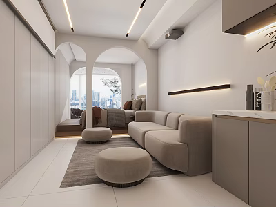 Modern Apartment Living Room With Light Sofa Round Ottomans And City View Window 3d model