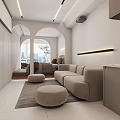 Modern Apartment Living Room With Light Sofa Round Ottomans And City View Window