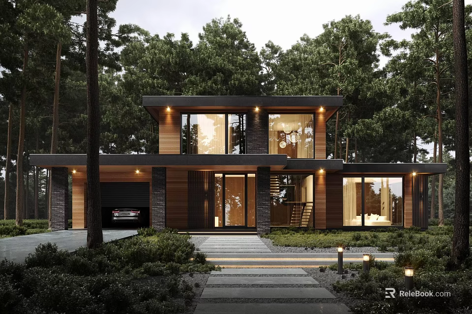 Modern Two Story Detached House With Wooden Facade Large Windows Garage And Trees 3d model 