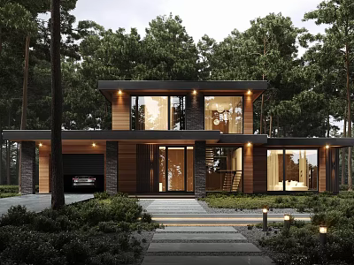 Modern Two Story Detached House With Wooden Facade Large Windows Garage And Trees 3d model