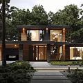 Modern Two Story Detached House With Wooden Facade Large Windows Garage And Trees