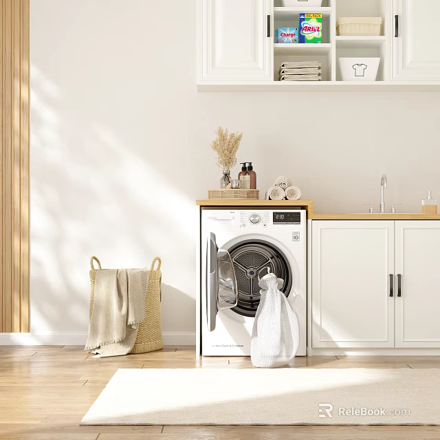 Modern Bathroom Combination Featuring Washing Machine White Cabinets Sink Towels And Laundry Basket 3d model 