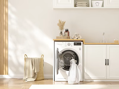 Modern Bathroom Combination Featuring Washing Machine White Cabinets Sink Towels And Laundry Basket 3d model