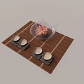 Transparent Glass Teapot With Chrysanthemum And Four Tea Cups On Bamboo Mat Set