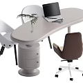 Modern Curved Office Desk With Laptop Plant White Chairs Brown Chair And Drawer Cabinet