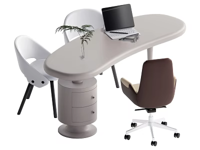 Modern Curved Office Desk With Laptop Plant White Chairs Brown Chair And Drawer Cabinet 3d model