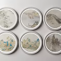 Six Circular Framed Chinese Landscape Wall Decor Artwork for Home 3d model