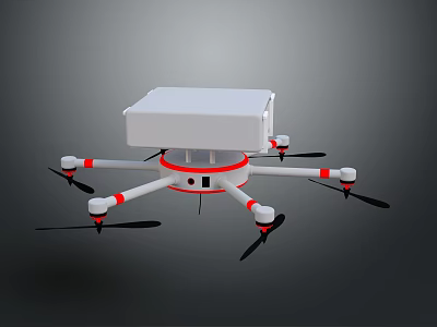 Multi Rotor Drone With White Body Red Accents Black Propellers And Top Mounted Device 3d model