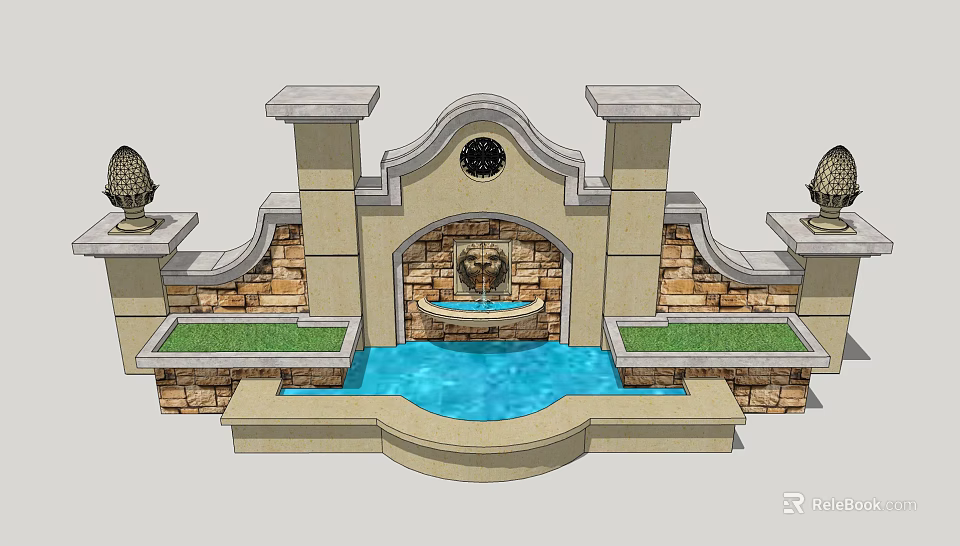 Elegant Landscape Feature Wall With Central Fountain Stone Wall Panels Grass Beds And Decorative Columns 3d model 