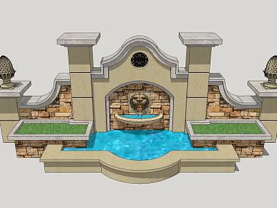 Elegant Landscape Feature Wall With Central Fountain Stone Wall Panels Grass Beds And Decorative Columns 3d model