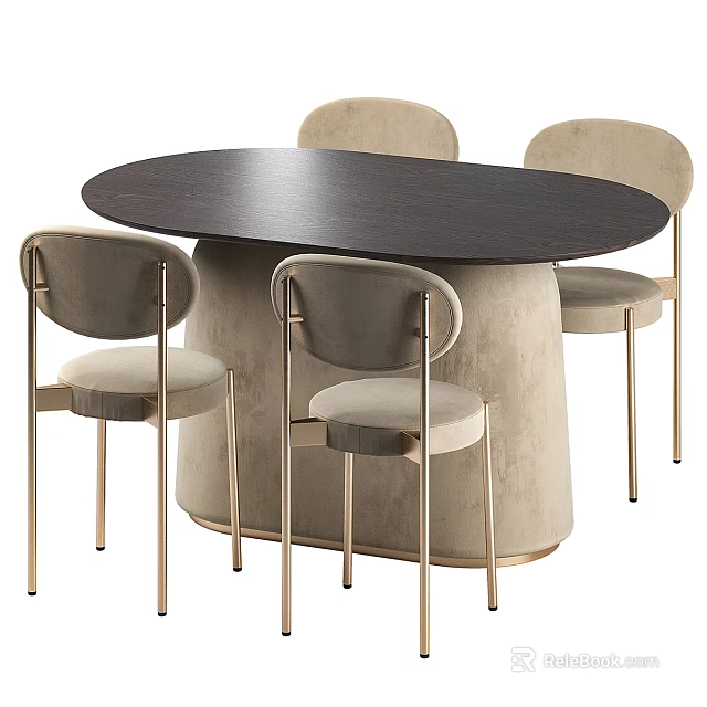 Modern Dining Table Set With Oval Dark Top Light Gray Chairs And Beige Base 3d model