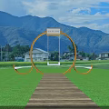 Garden Ornamental Circular Swing Installation with Natural Landscape Mountains Trees Pond and People Interacting