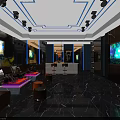 Modern Luxury KTV Interior Design With Blue LED Lighting Comfortable Sofas And Large Screens