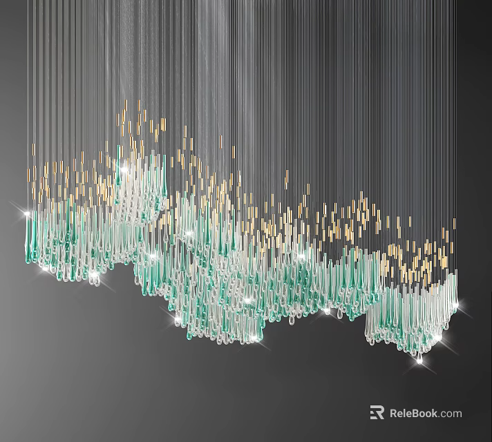 Elegant Hanging Crystal Chandelier With Green Glass Crystals And Gold Accents 3d model 