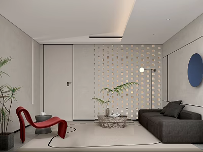 Modern Office Interior Design With Sofa Plant Decorative Wall And Minimalist Layout 3d model