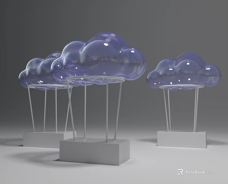 Transparent Cloud Shaped Art Installation With White Pedestals And Metal Stands 3d model 