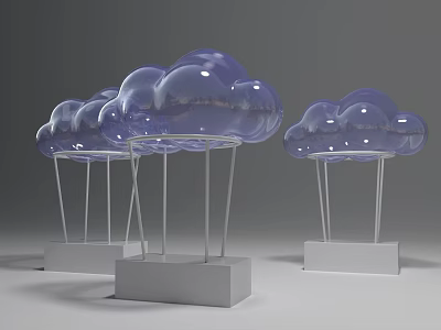 Transparent Cloud Shaped Art Installation With White Pedestals And Metal Stands 3d model