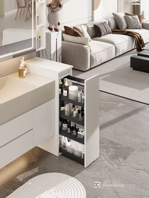 Modern White Washbasin Vanity With Open Storage Cabinet And Organized Toiletries 3d model 