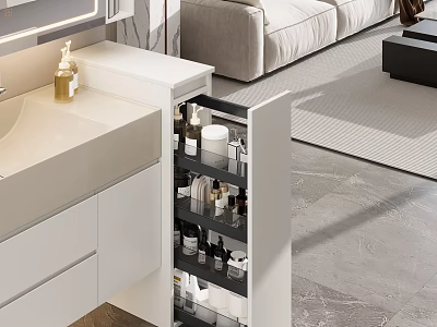 Modern White Washbasin Vanity With Open Storage Cabinet And Organized Toiletries 3d model