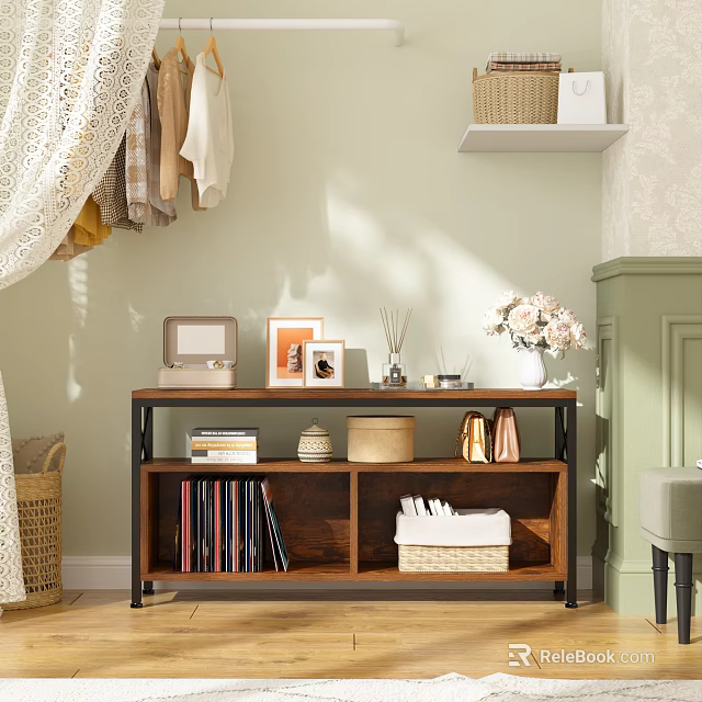Modern Cloakroom Interior Design With Hanging Clothes Wooden Shelves Storage Baskets And Decorative Items 3d model 