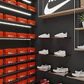 Modern Shoe Store Interior With Red Boxes Wooden Shelves White Shoes And Nike Logo