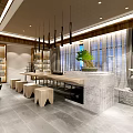 Elegant Hotel Lobby Interior with Wooden Elements Hanging Lamps Comfortable Sofas and Decorative Wall 3d model