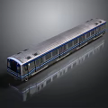 Modern Silver Blue Train with Sleek Design and Reflective Surface Windows