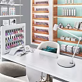Modern Display Shelves for Nail Products with LED Lighting and Workstation Chair