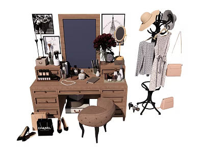 Cozy Dressing Table Setup With Mirror Cosmetics Vase Stool Clothes Rack Hat Bag And Shoes 3d model