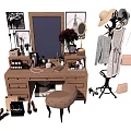 Cozy Dressing Table Setup With Mirror Cosmetics Vase Stool Clothes Rack Hat Bag And Shoes