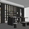 Modern Tea Room Interior With Wooden Display Shelves And Tea Sets On Table