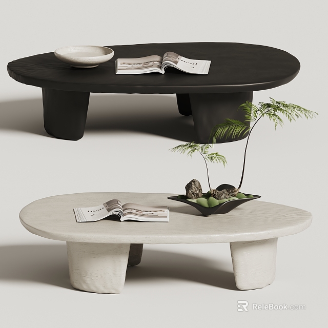 Black and Light Coffee Tables with Open Books White Bowl Black Tray Stones Small Plants 3d model 
